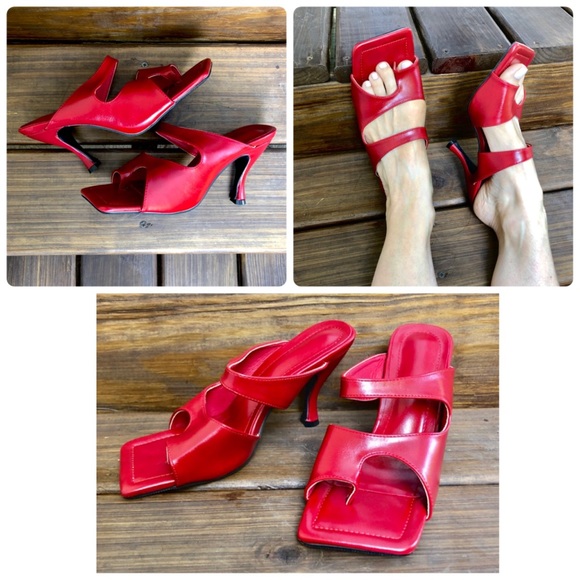 NWT cherry red leather square toe thong 3” kitty heel discontinued toe loop FIRM - Picture 4 of 15